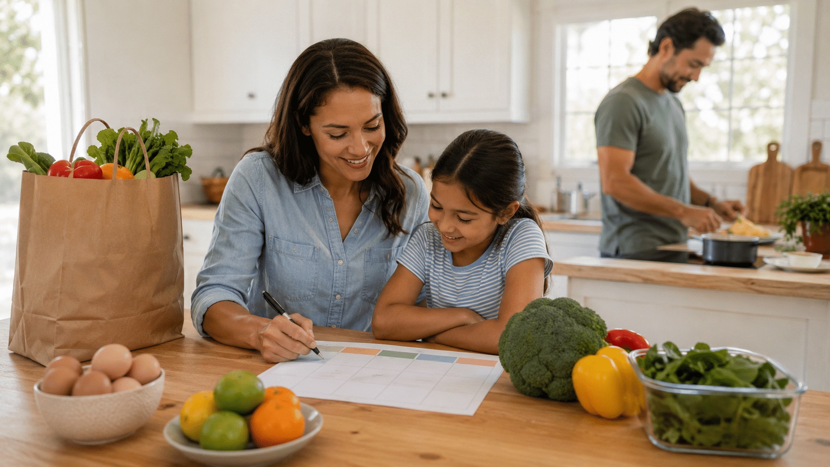 Mother and daughter planning weekly meals at a kitchen table with fresh groceries while a man cooks in the background.