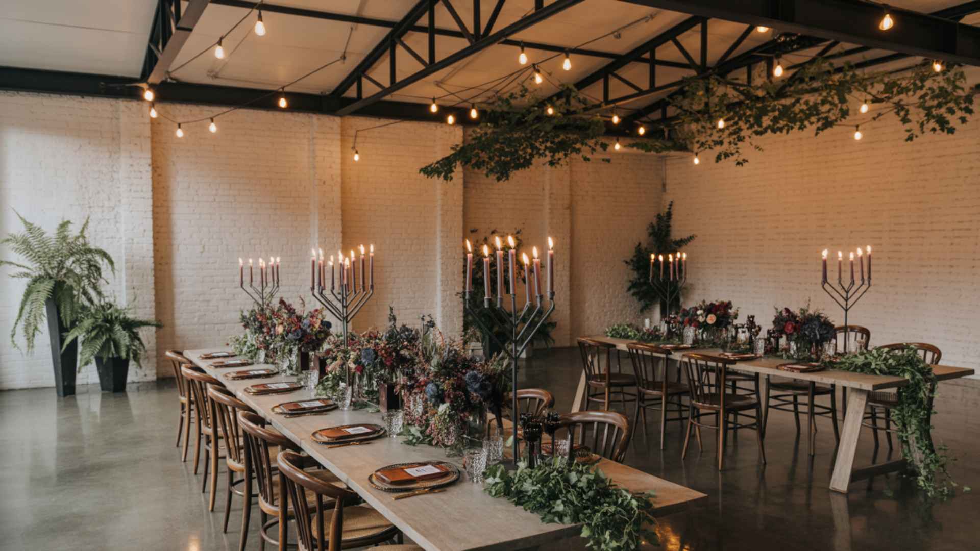 Industrial wedding with concrete surfaces, steel fixtures, moody florals, warm lighting.
