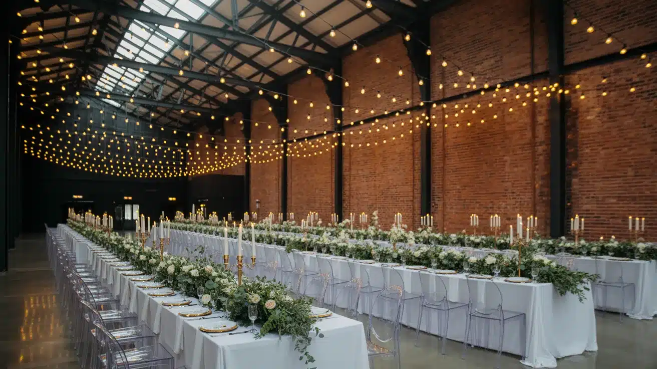 Industrial warehouse reception space featuring exposed brick walls and a spacious open layout.