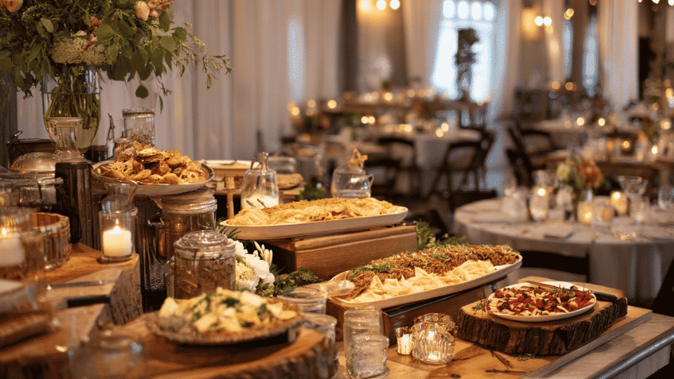 Small wedding party with interactive food station, floral decor, and candlelit tables