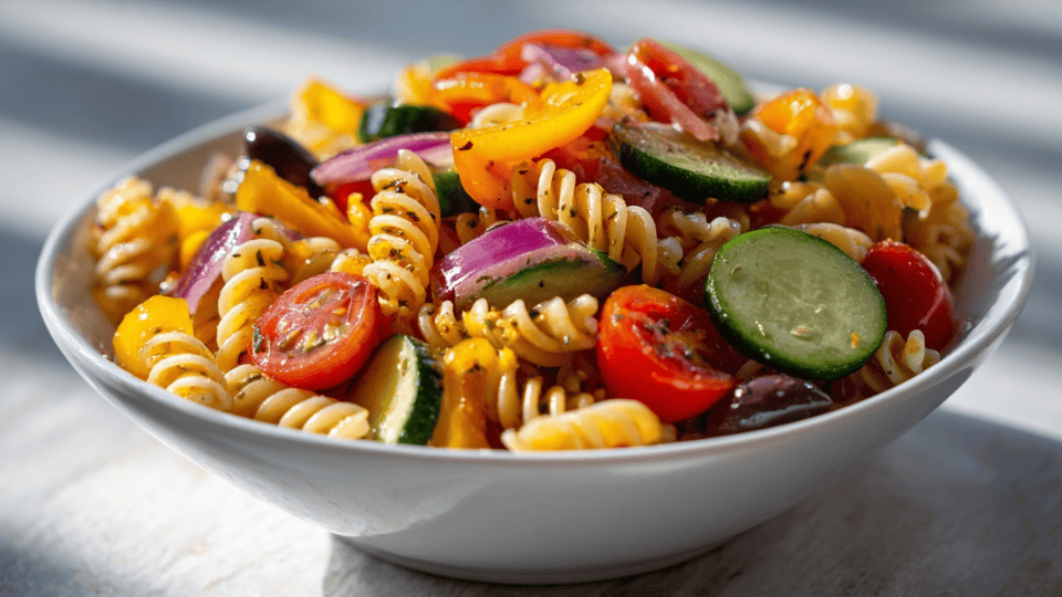 Italian pasta salad with mixed vegetables, olives, and vinaigrette