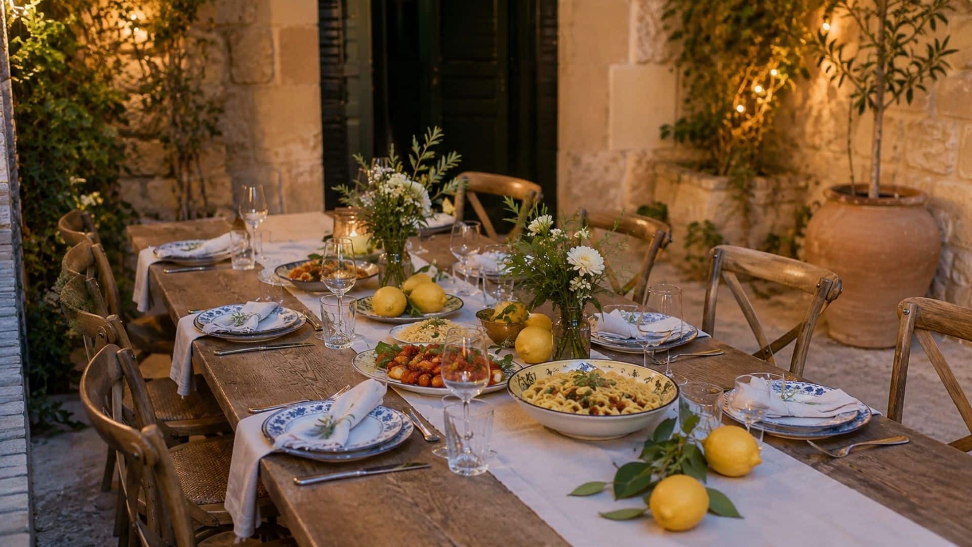 Italian summer engagement dinner with blue-and-white tableware, lemons, pasta, herbs, and a long outdoor table.