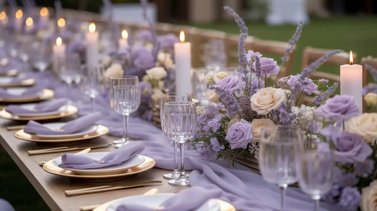 Romantic wedding setting decorated with soft lavender and warm cream tones for an elegant summer atmosphere.