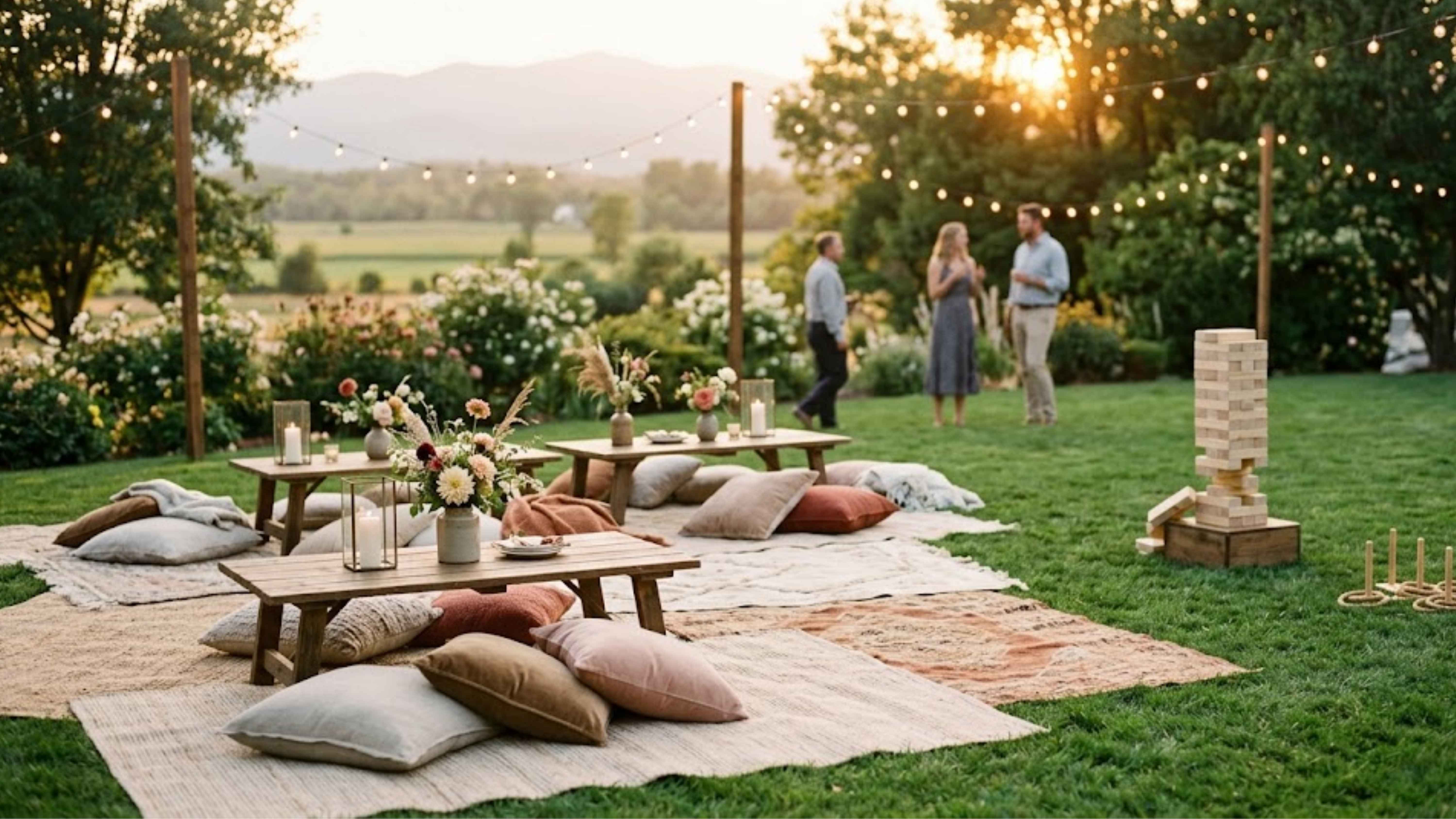 Guests relax on rugs and cushions beside lawn games at an outdoor wedding celebration.