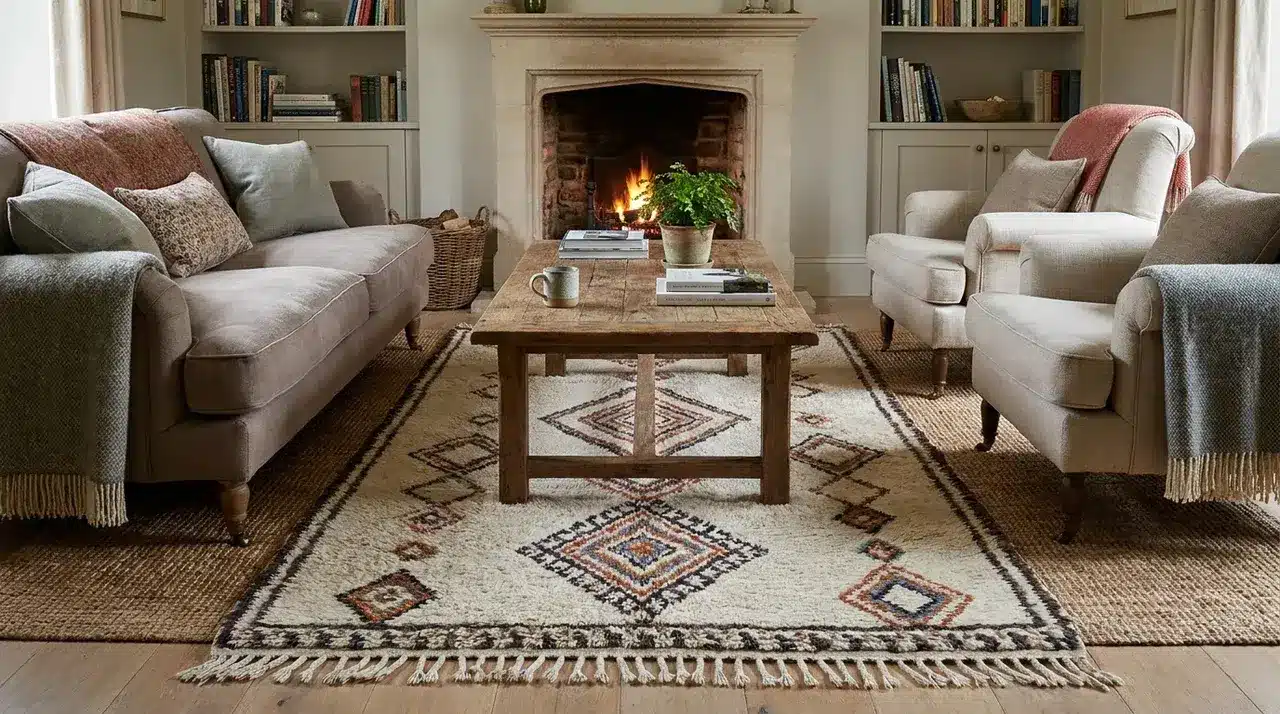 Farmhouse living room with layered jute and patterned rugs, rustic coffee table, cozy seating, and a lit fireplace.