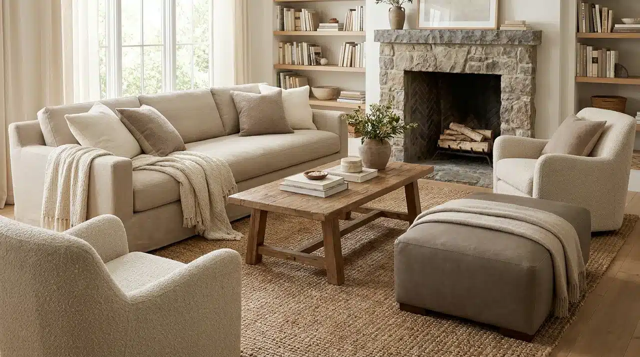 Neutral farmhouse living room with layered beige furniture, stone fireplace, rustic coffee table, and textured woven rug.