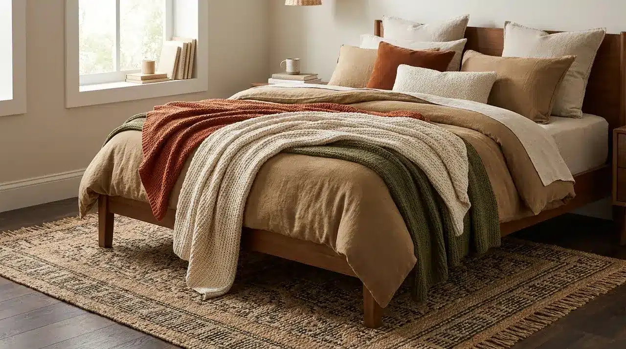 Farmhouse bedroom with layered knit throws, neutral bedding, textured pillows, wooden bed frame, and woven area rug.