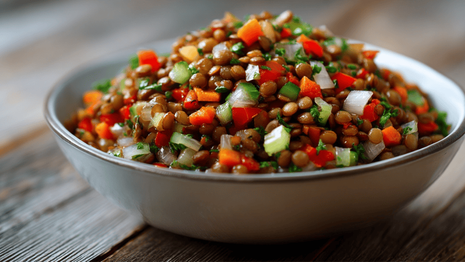 Lentil salad with mixed vegetables and light vinaigrette dressing
