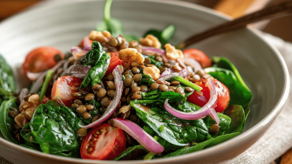Lentil spinach salad with tomatoes, red onion, and walnuts