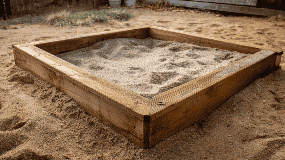 Wooden sandbox frame leveled on the ground with soil adjusted around the edges for an even base.
