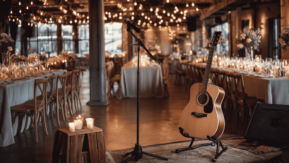 Small wedding reception with acoustic music setup, decorated tables, and string lights