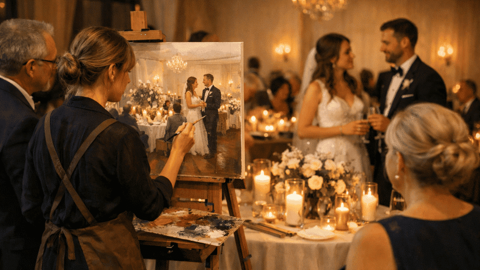 Live artist painting at a small wedding reception while guests watch nearby