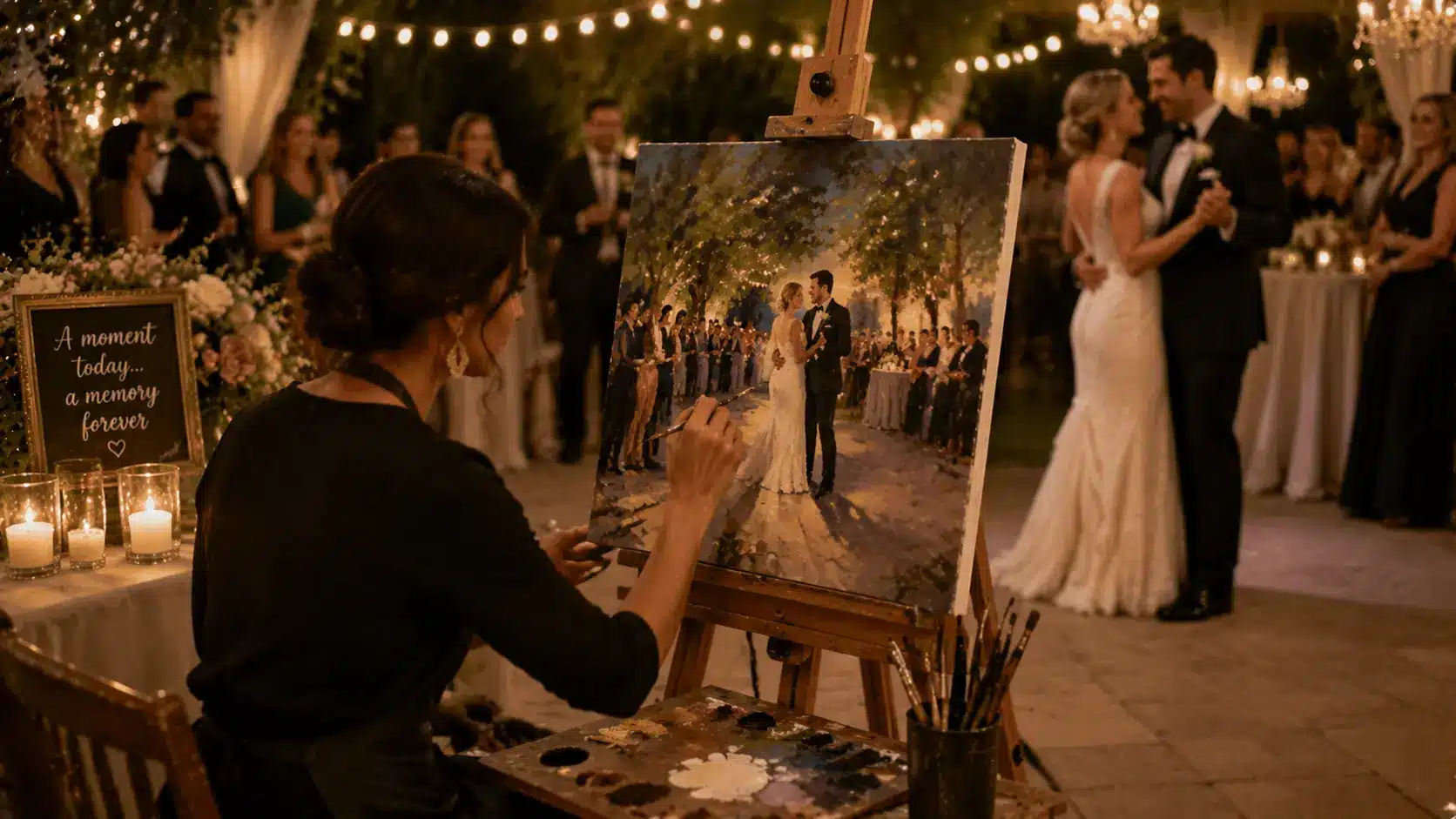 A live painter captures the couple’s first dance at wedding.