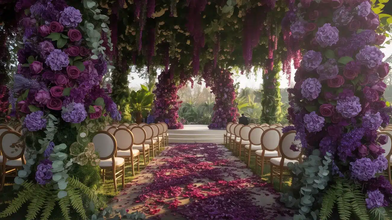 Formal garden wedding featuring deep purple flowers and rich green foliage for a lush regal atmosphere.