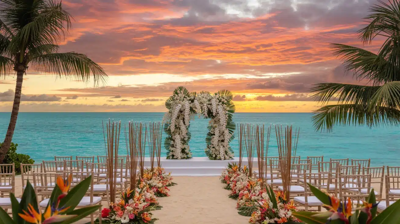 Luxury beach resort beside the ocean with a relaxed tropical setting for a destination wedding.