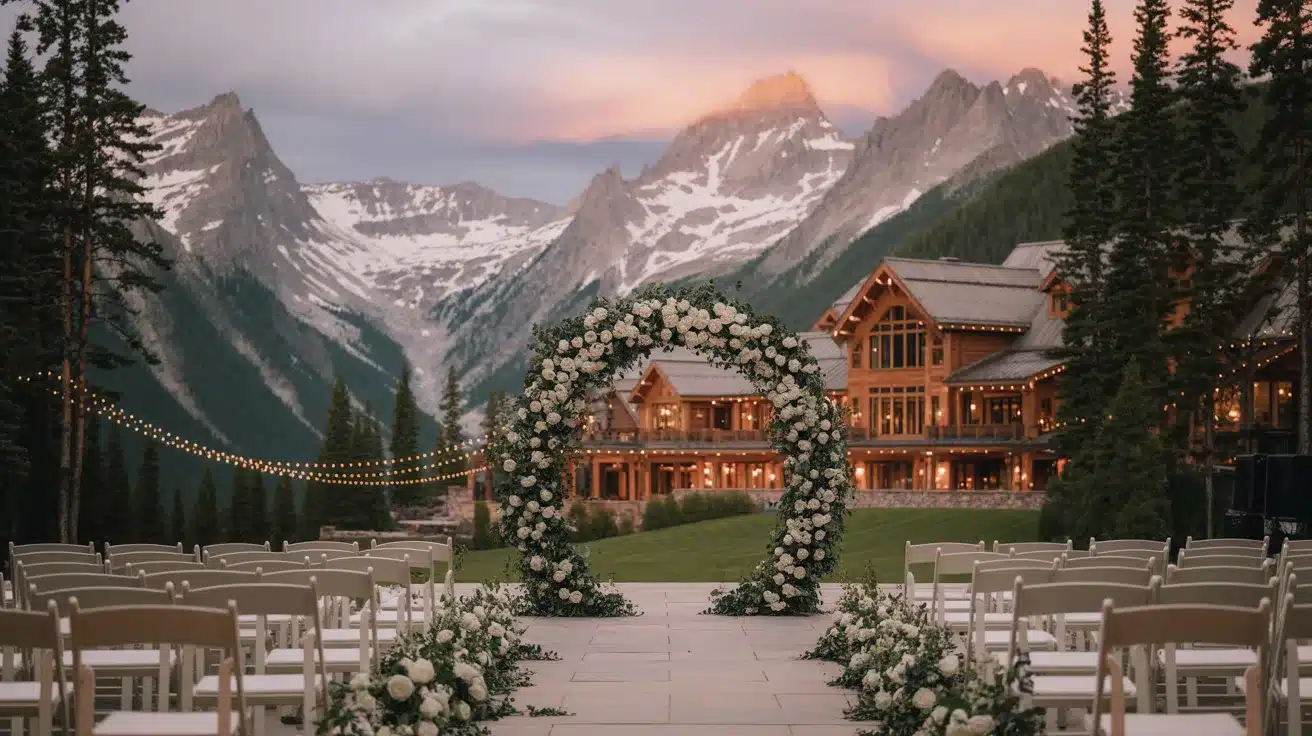 Luxury mountain celebration space overlooking dramatic snow-covered peaks and alpine scenery.