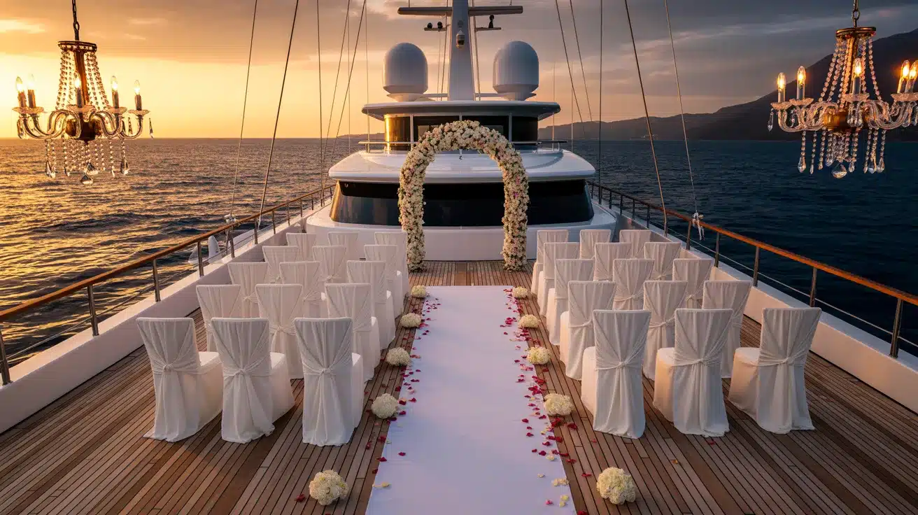 Luxury yacht on the water offering sweeping ocean views beneath a colorful sunset.
