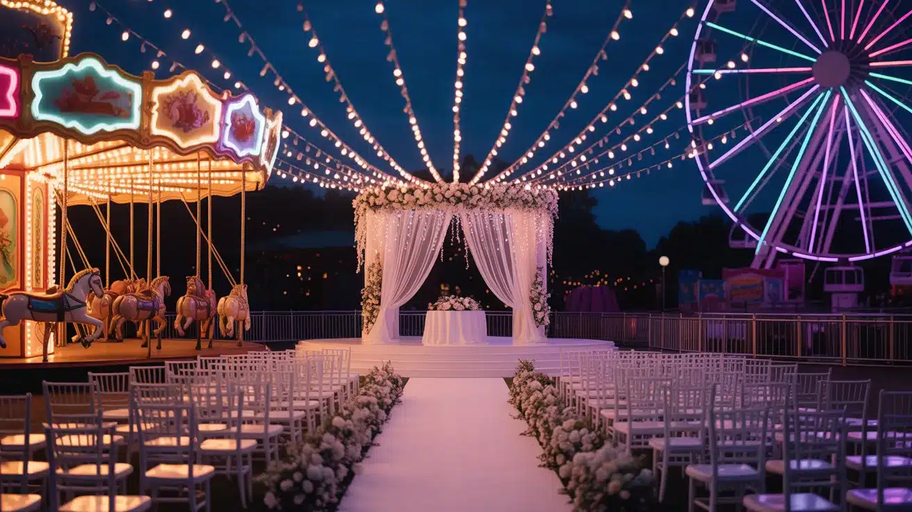 Amusement park wedding setting surrounded by brightly illuminated rides after dark.