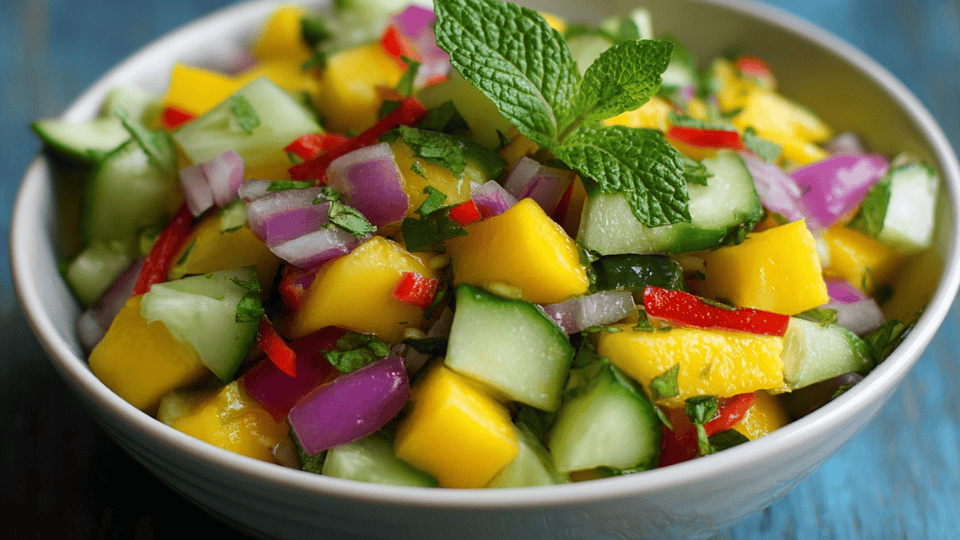 Mango cucumber salad with mint, peppers, and lime dressing