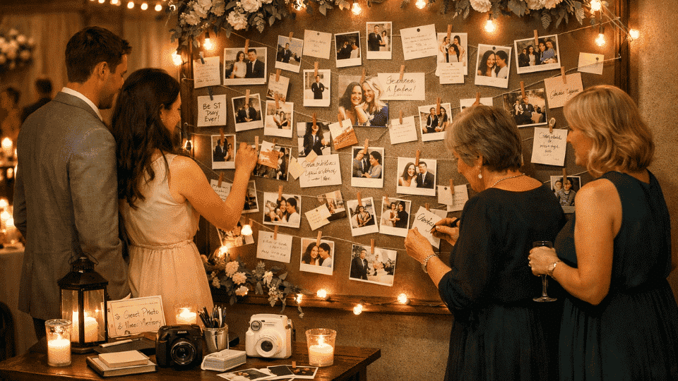 Small wedding memory wall with photos, notes, instant cameras, and guests gathered nearby