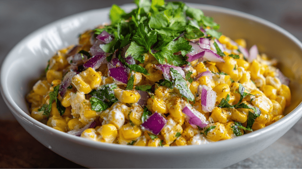 Mexican corn salad with cilantro, red onion, and creamy dressing