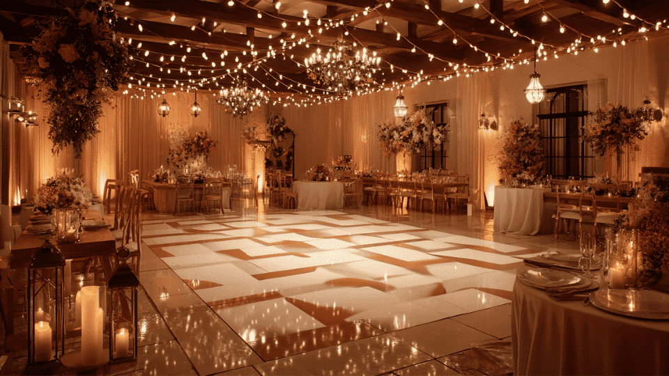 Intimate wedding reception with small dance floor, decorated tables, and warm lights