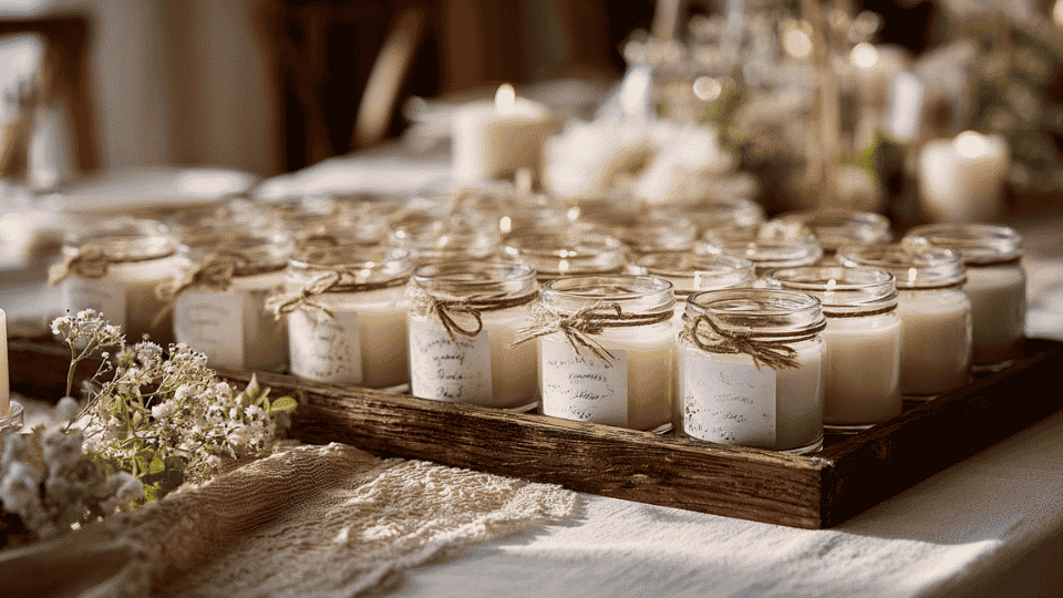 Mini personalized candles with wedding labels on decorated table