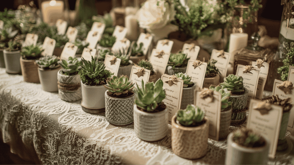 Mini potted plants and succulents as wedding favors on decorated table