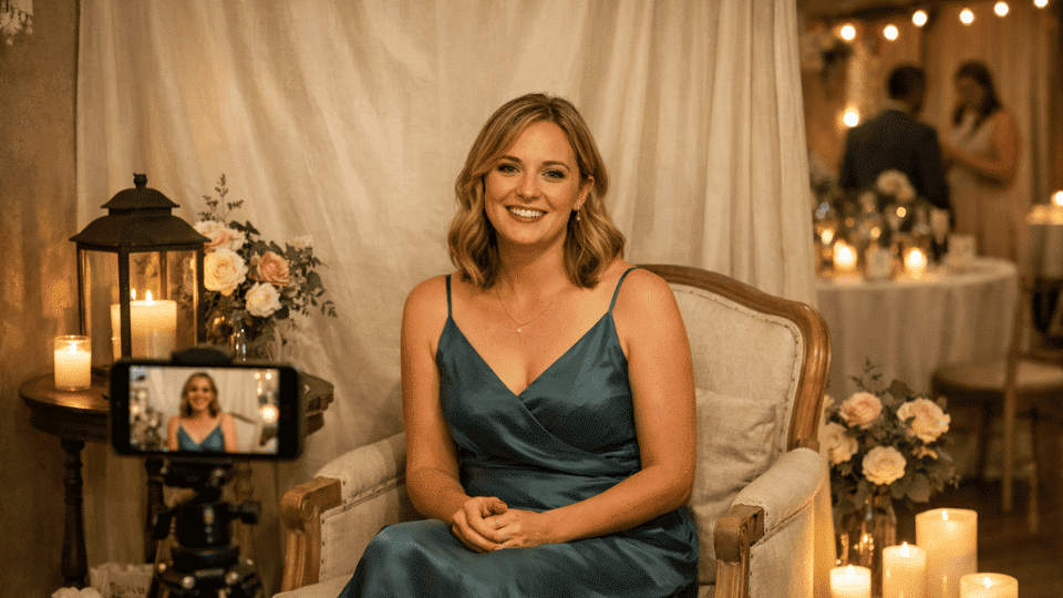 Small wedding video message corner with tripod camera and guest recording