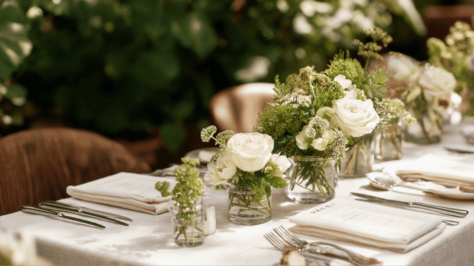 Minimal wedding table setup with small floral centerpieces and white linens
