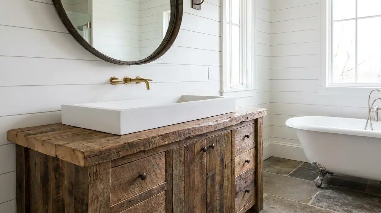 Farmhouse bathroom with a rustic wood vanity, modern vessel sink, round mirror, shiplap walls, and clawfoot tub.
