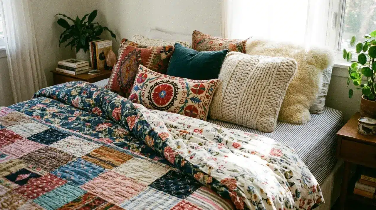 Farmhouse bedroom with mixed-pattern bedding, colorful accent pillows, textured knit cushions, and cozy layered textiles.