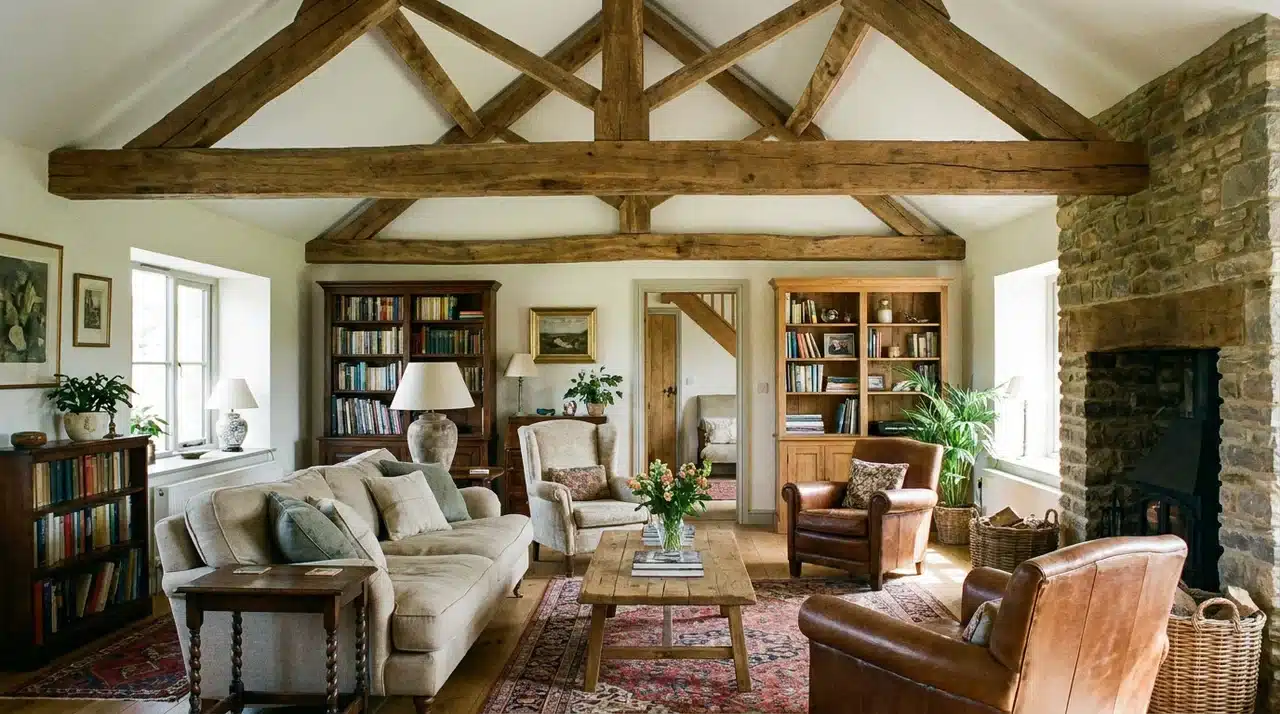 Farmhouse living room with mixed wood finishes, exposed ceiling beams, stone fireplace, leather chairs, and layered rustic furnishings.
