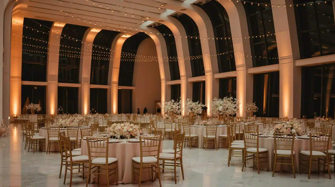 Modern hotel ballroom featuring polished decor and an elegant layout for a formal reception.