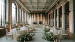 Wedding venue with round tables, gold chairs, floral arrangements, tall arched windows, and warm lighting.