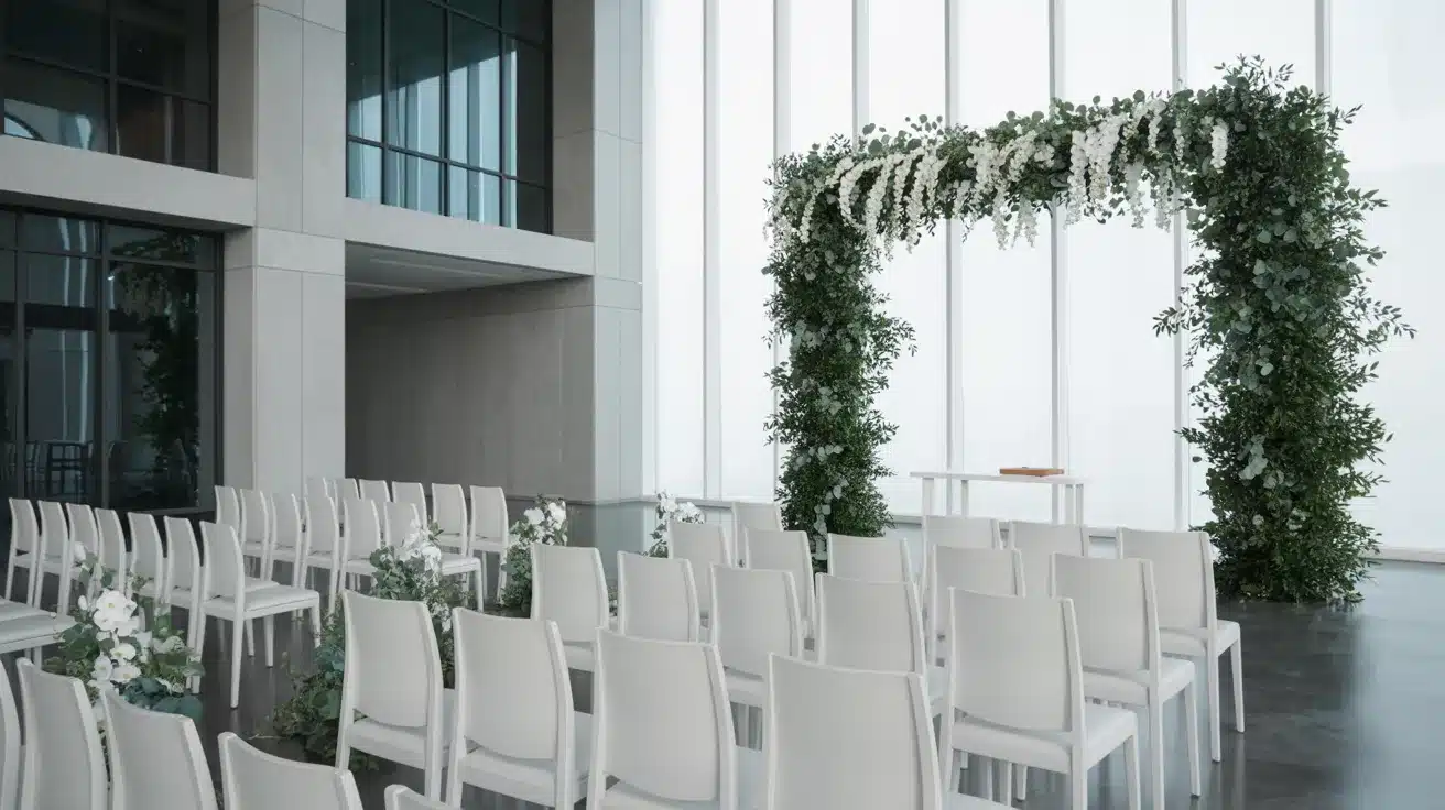 Modern wedding styling with crisp white decor and deep green botanicals for a clean, fresh appearance.