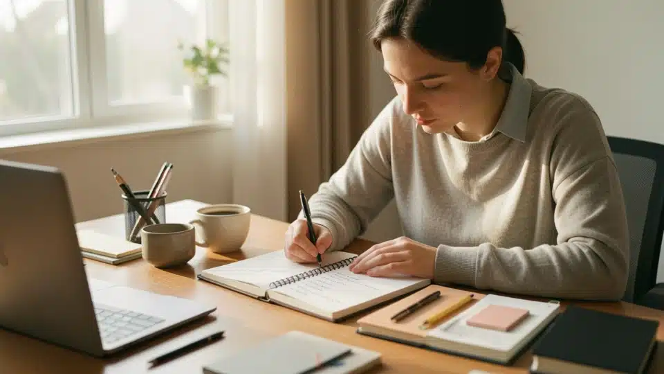 A woman reviewing monthly goals and planning ahead while writing at a cozy desk by a window.