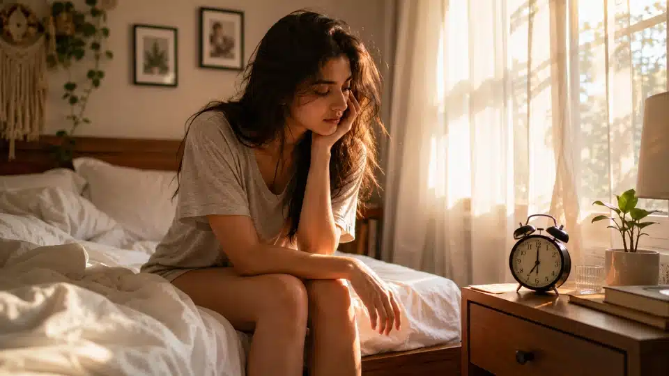 Sleepy person sitting on the edge of a bed looking at an alarm clock in warm morning light.