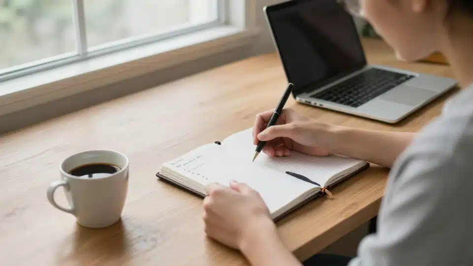 Person writing a morning to-do list at a desk with coffee and soft natural window light.