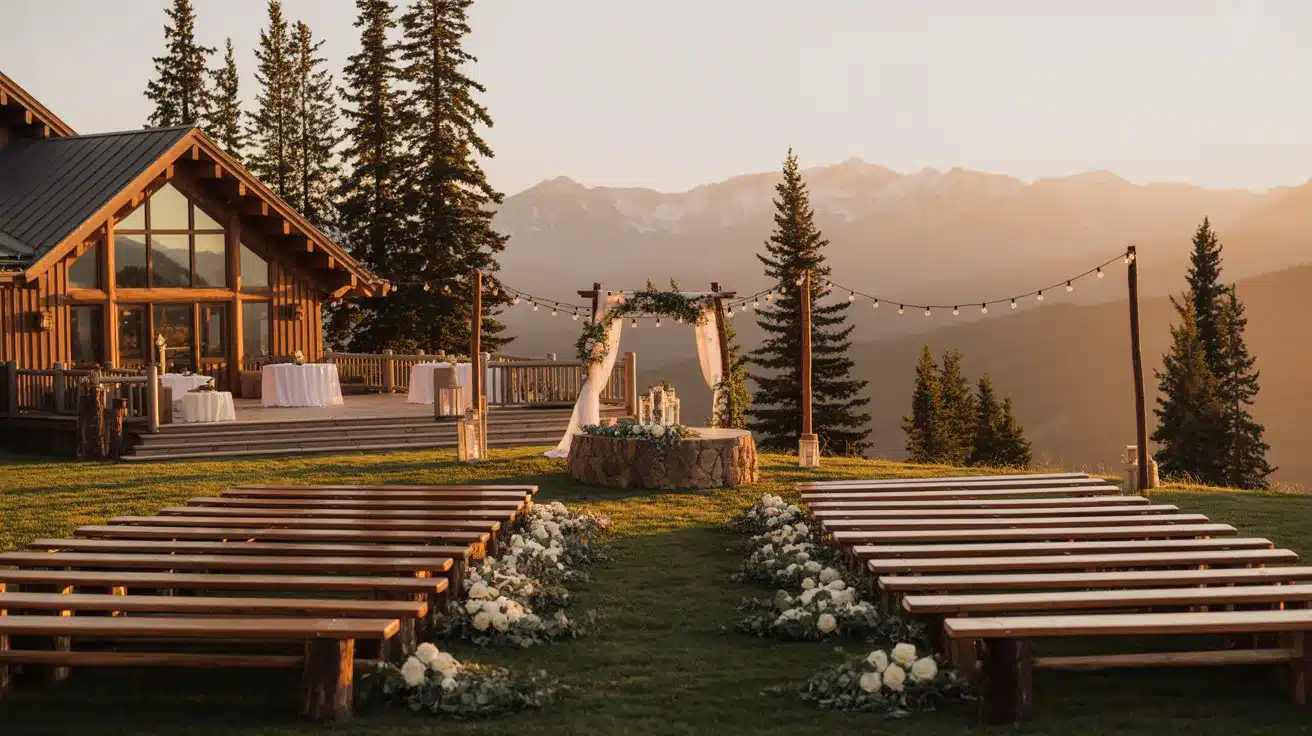 Cozy mountain lodge overlooking scenic peaks and natural surroundings for a wedding celebration.
