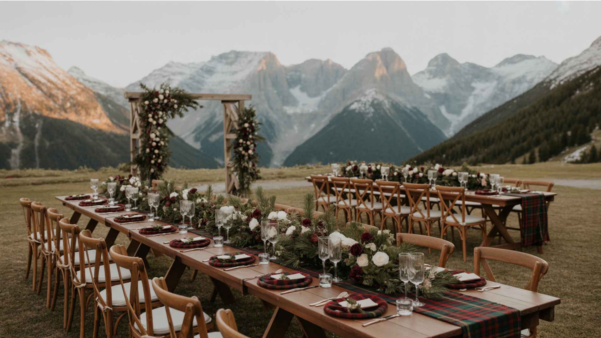 Mountain view wedding with pine greenery, stone textures, and cozy tables.