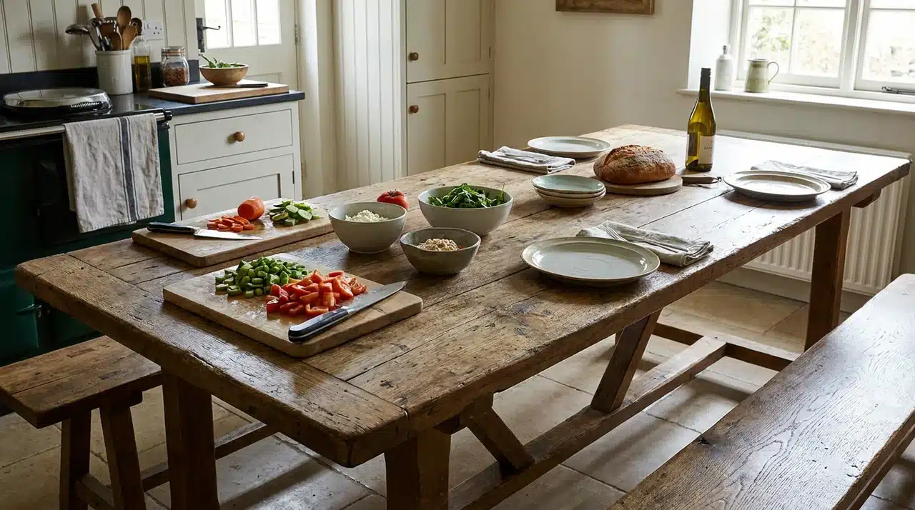 Farmhouse kitchen with a multifunctional rustic trestle table, bench seating, meal prep space, and natural light.