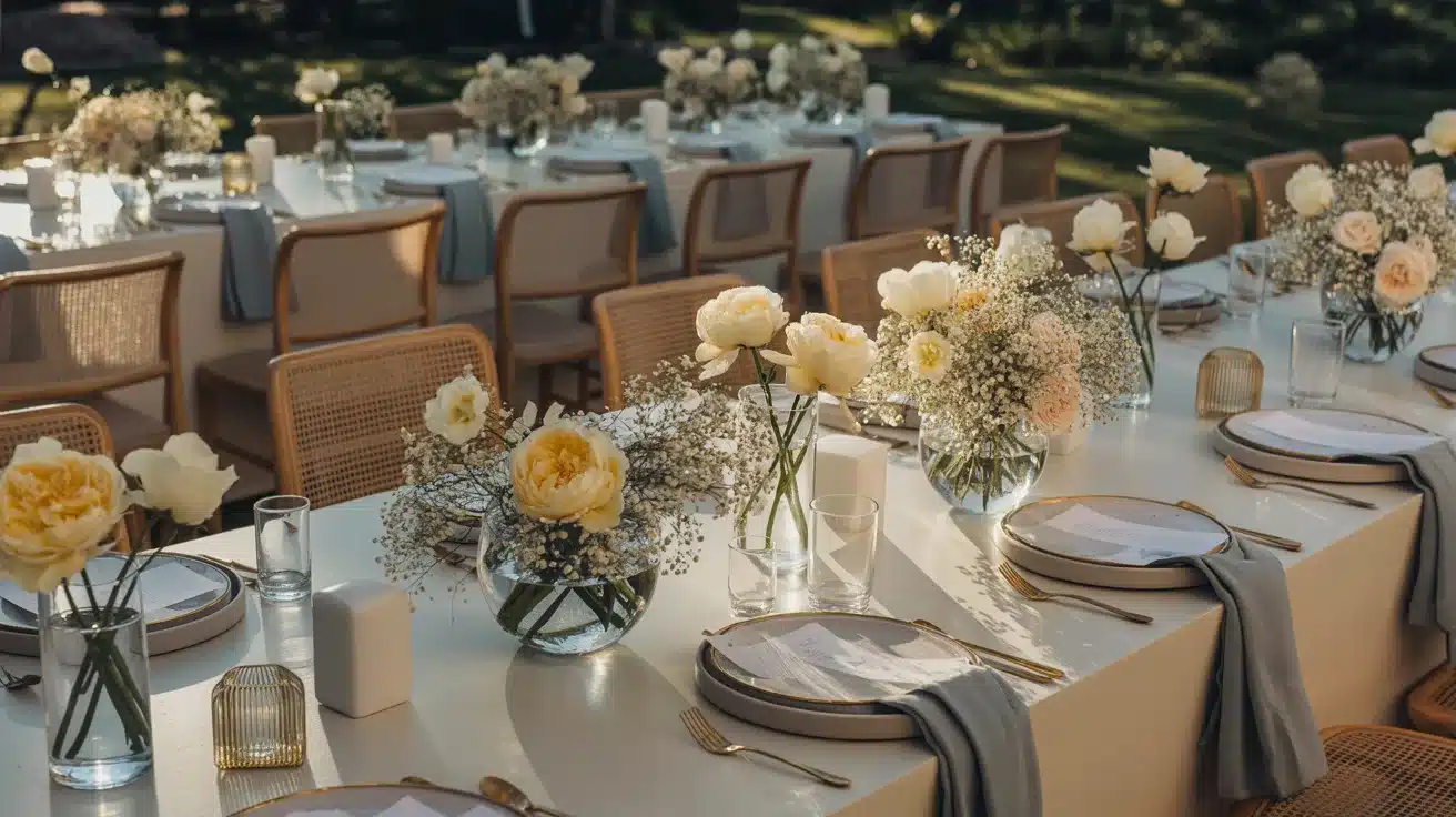 Muted grey and pastel yellow summer wedding palette with elegant minimalist decor