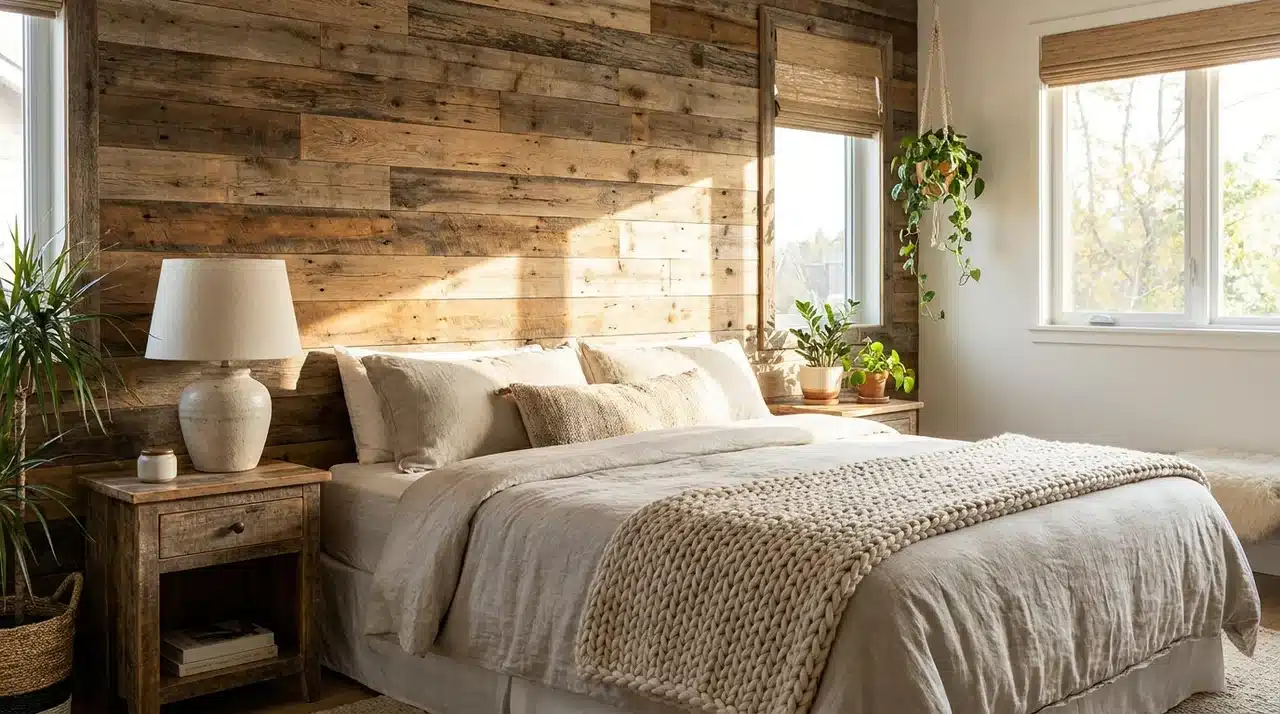 Farmhouse bedroom with a natural wood accent wall, neutral bedding, rustic nightstands, and sunlit indoor plants.