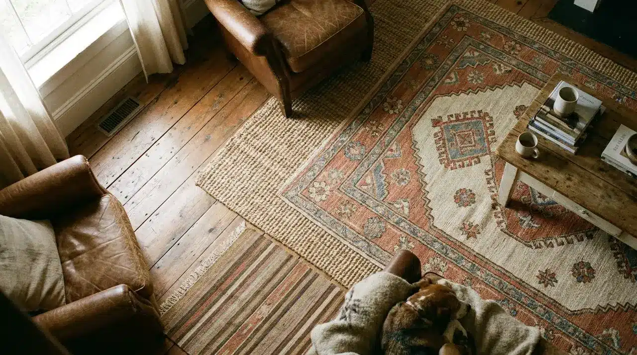 Farmhouse living room with layered neutral and patterned rugs, leather chairs, wood floors, and rustic coffee table.