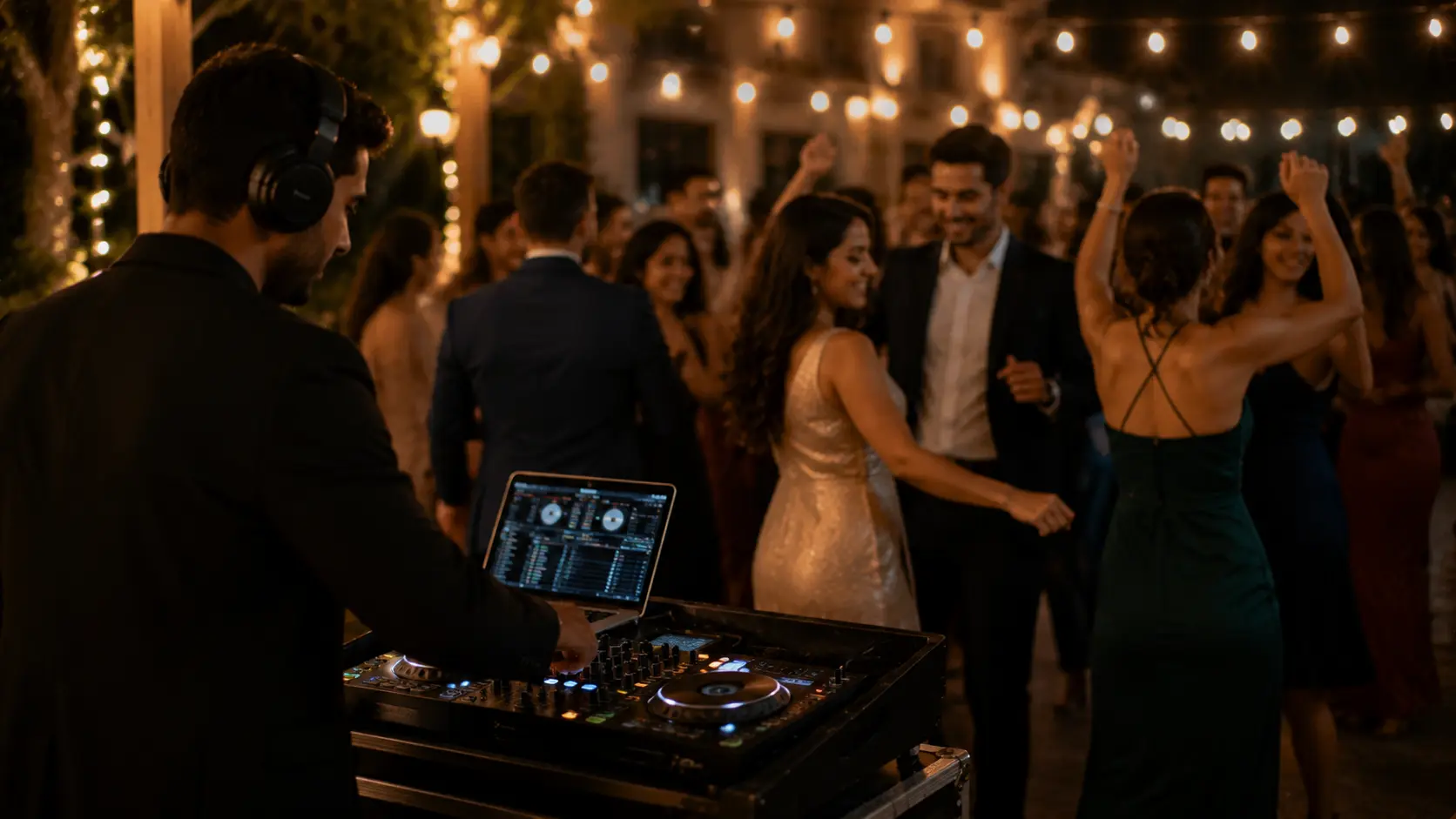 A curated wedding playlist plays from a laptop and speakers beside a decorated dance floor.