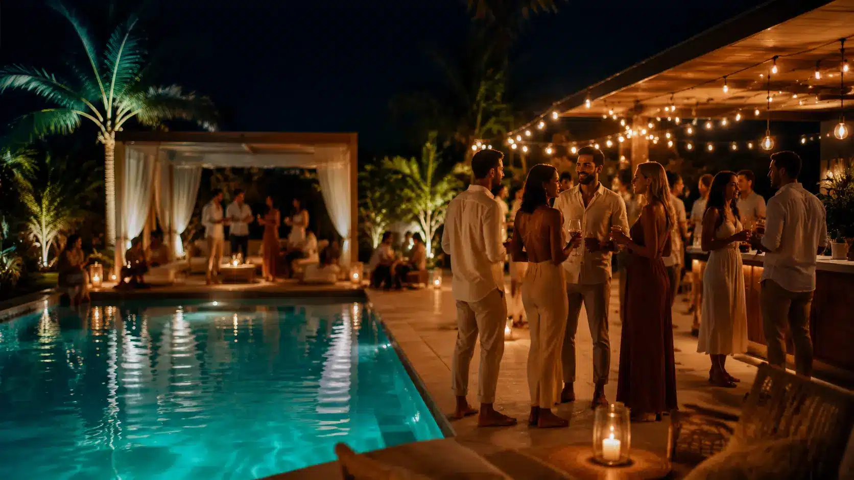 Guests celebrate beside a brightly lit swimming pool during a relaxed wedding after-party.