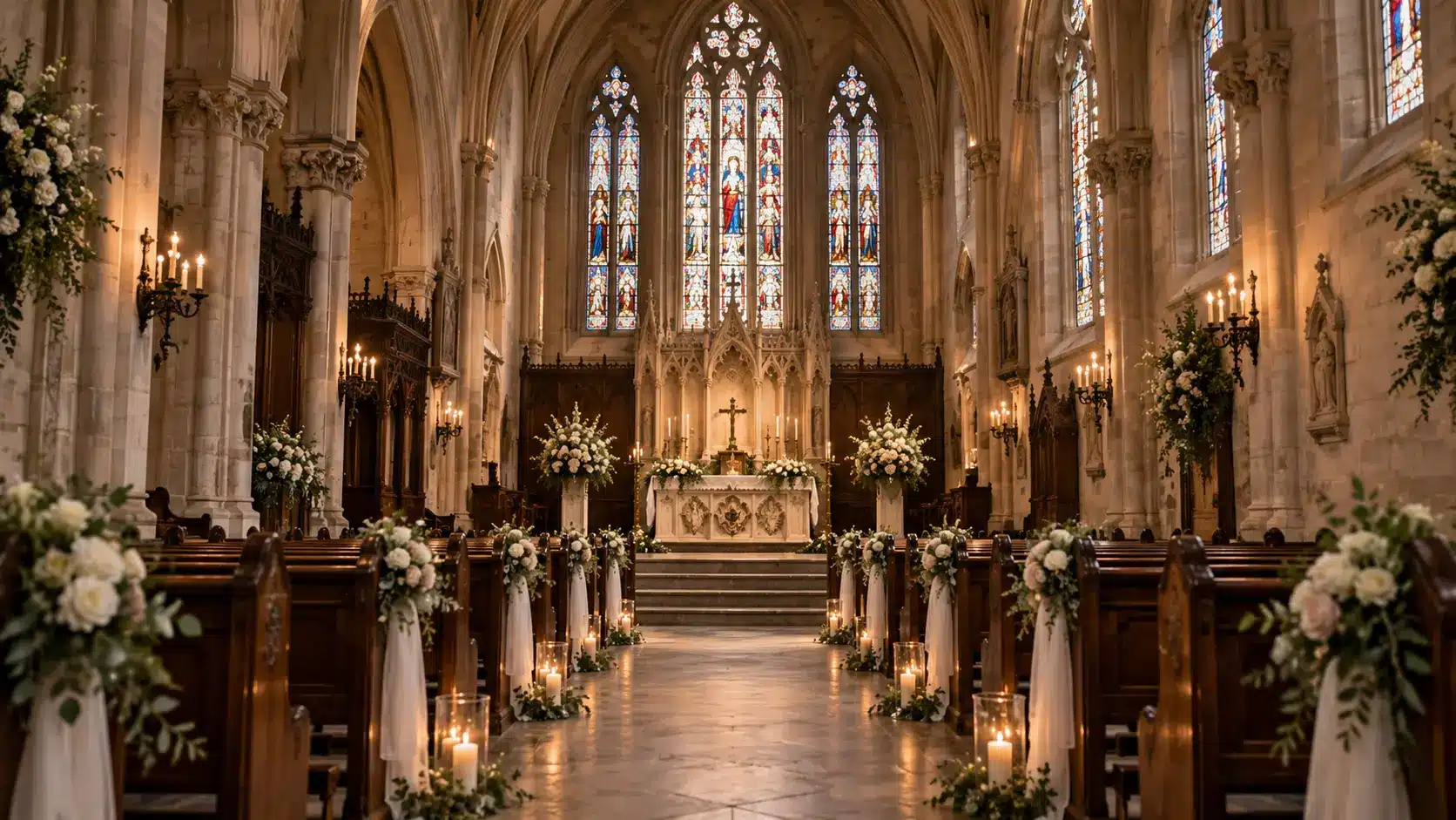 Historic chapel with stained-glass windows, arched ceilings, and traditional architectural details.
