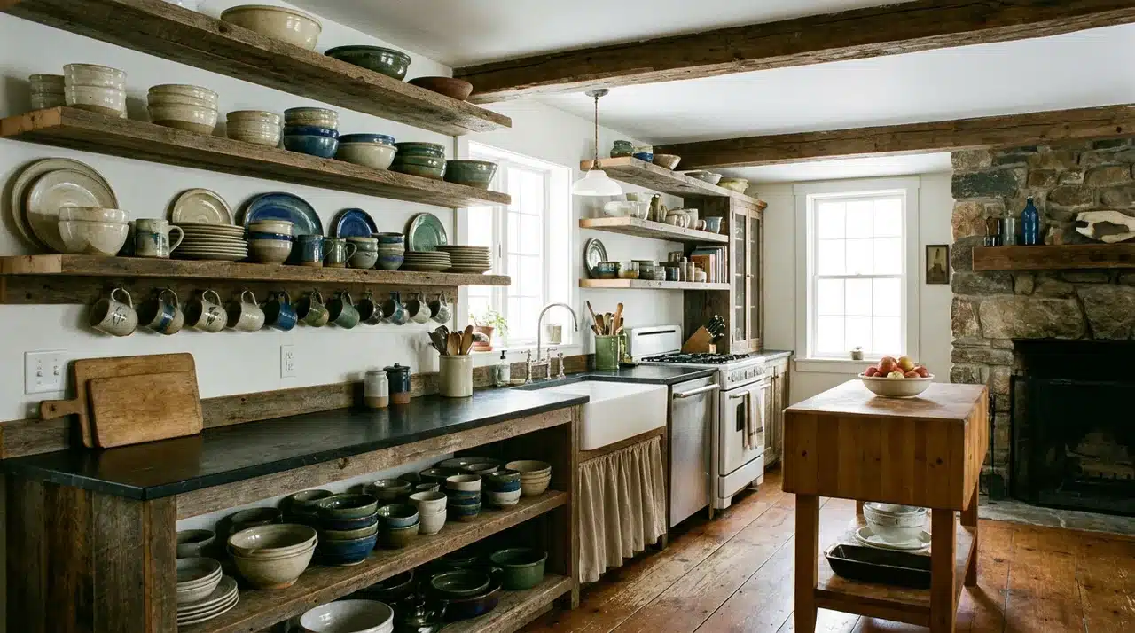 Farmhouse kitchen with open wooden shelving, displayed pottery, farmhouse sink, rustic wood accents, and stone fireplace.