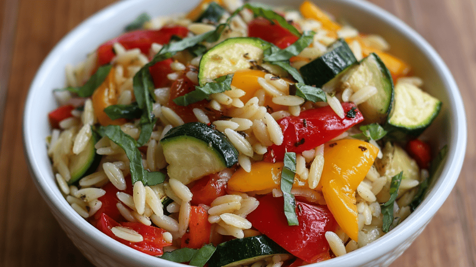 Orzo salad with roasted vegetables and fresh basil